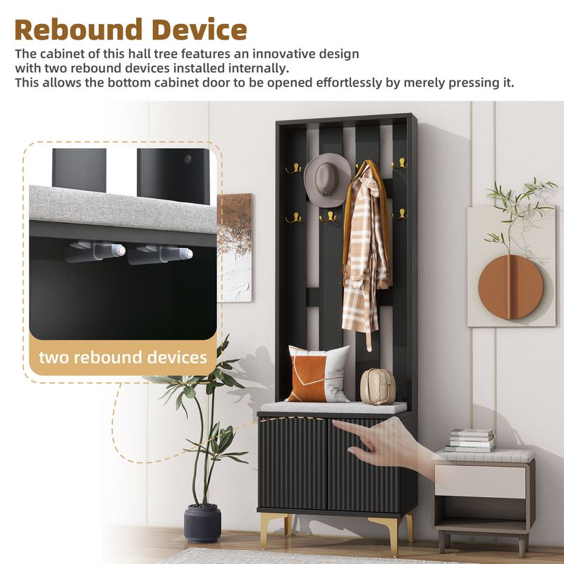ON-TREND Modern Luxury 4-in-1 Hall Tree With Cushion, Versatile Coat Rack With 8 Gold Hooks And Legs, Entryway Bench With Adjustable Shelves & Fluted Doors For Hallway, Living Room, Black, 23.6"*70.8"_voghion.com