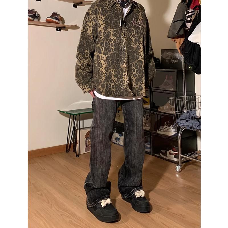 Chemise en jean délavé à imprimé léopard pour homme, tendance printemps et début d'automne 2024_voghion.com