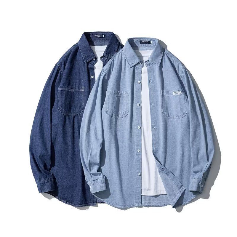 Camicia in denim da uomo, autunno, tendenza, ampia, sottile, stile Hong Kong, blu scuro, a maniche lunghe, casual, da uomo e da donna_voghion.com