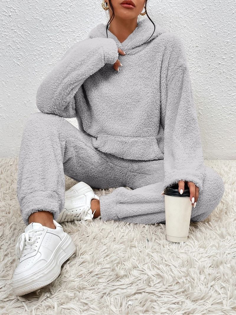 Women's Fleece Hooded Tracksuit Set - Soft & Warm Winter Lounge Wear, Long Sleeve Pullover With Pants, Casual Outfit For Women_voghion.com