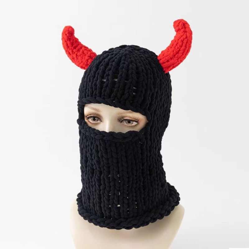 Cross-border Rabbit Ears Handmade Knitted Thickened Warm Devil Big Brim Mask Headgear Sweet Cool Winter Tide Street Hat_voghion.com
