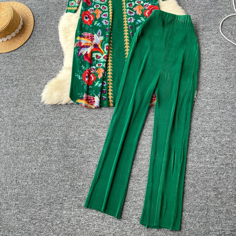 Sieviešu apģērbu kostīms sievietēm, gaišs brieduma stils, vidēja garuma, vienrindu, kroku apdrukas tops + ikdienas bikses ar augstu vidukli_voghion.com