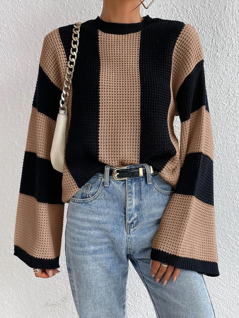 Spring and autumn knitted sweater top round neck striped design niche sweater jacket for women_voghion.com