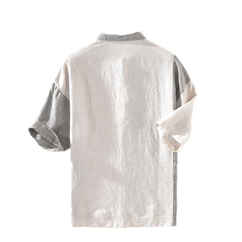 Camicia a maniche lunghe a cinque quarti in lino intrecciato a righe colorate per ragazzi, stile retrò, con scollo quadrato e pullover alla moda_voghion.com