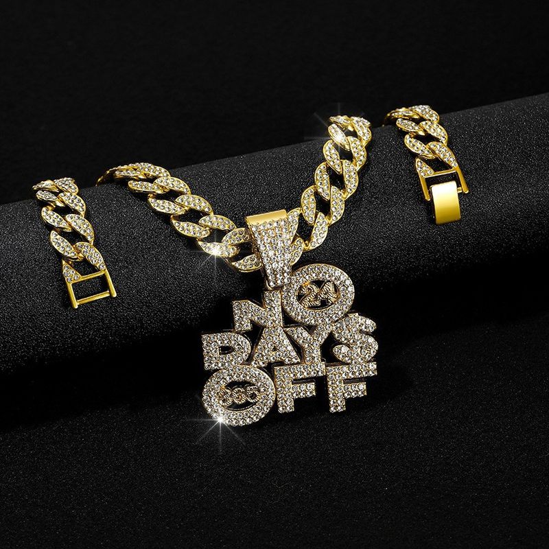 Hip Hop Letters NO DAYS OFF Necklace 24 Cuban Chain Decoration Alloy Number 365 Pendant_voghion.com