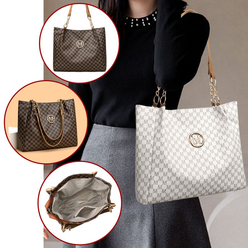 Stylish M-Print Tote & Clutch Bag Set With Chain Strap - Versatile PU Handbag Combo For Women (Black/Brown/White)_voghion.com