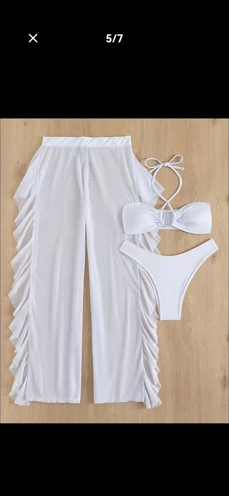 Bikini da donna sexy con copricostume e pantaloni in rete trasparente - Completo mare 3 pezzi nero/bianco (S/M/L)_voghion.com