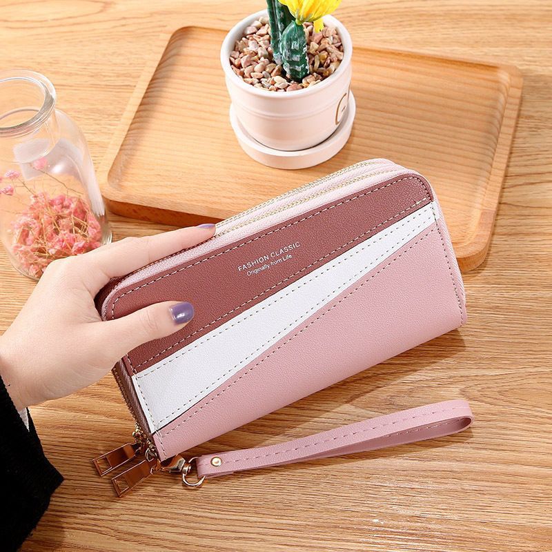 Nueva cartera con doble cremallera para mujer, larga, estilo coreano, con costuras en contraste de color, gran capacidad, doble capa, cartera para teléfono móvil_voghion.com