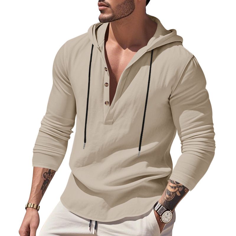 Lente en herfst lang mouwen linnen overhemd heren capuchon casual losse T-shirt trui heren_voghion.com