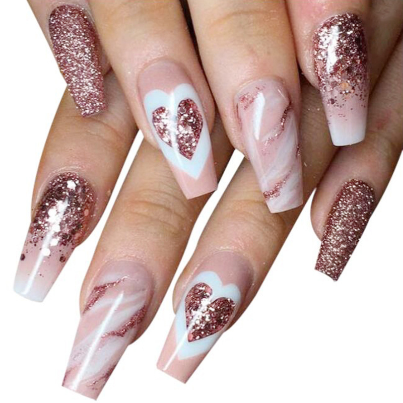 Coffin 24 Stück Französische Kunstnägel, rosa Glitzer, tragbare Ballerina-Kunstnägel, abnehmbar, zum Aufdrücken des Nagels, vollständige Abdeckung_voghion.com