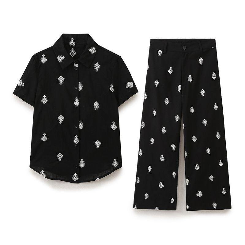 Conjunto de camisa y pantalón bordado en contraste para mujer, novedad de verano 2024_voghion.com