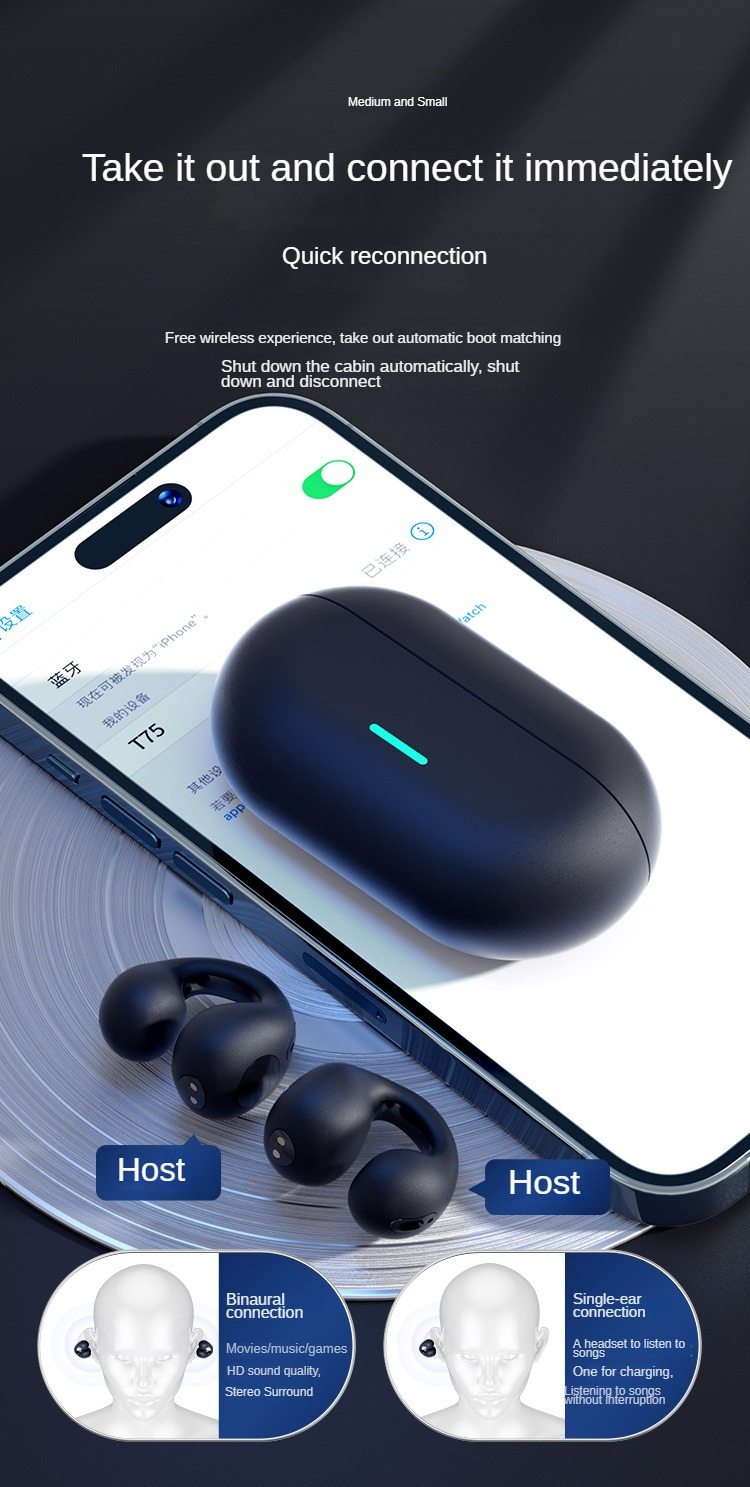 TWS Bluetooth 5.3 Wireless Bone Conduction Headphones T75 Clip Ear Music Noise Canceling Headset HD Call Sports Gaming_voghion.com