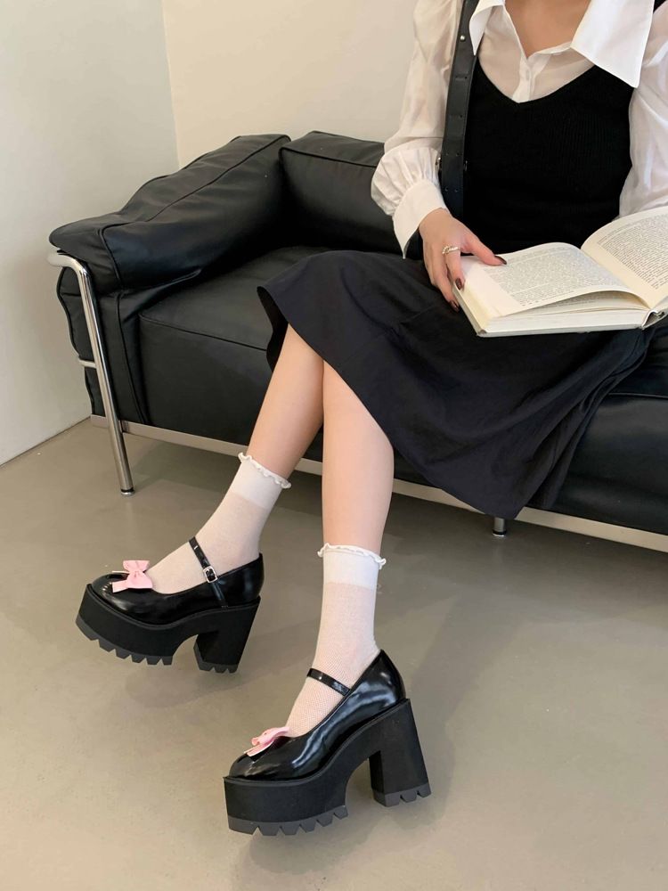 2025 New Style Bow-Tie Round-Toe Chunky Heel Platform Women's Shoes Low-Cut High Heels_voghion.com