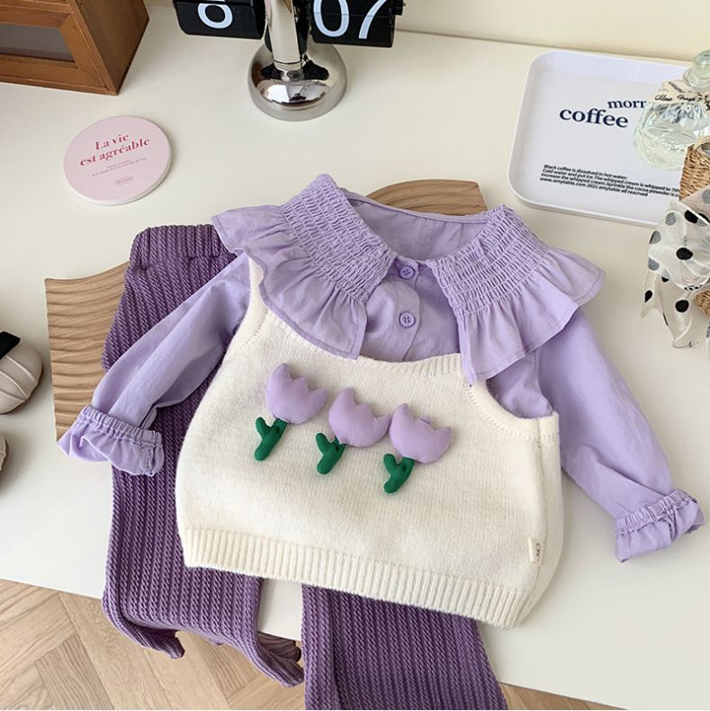 Kinderkleidung Mädchen Blumenherz Pullover mit Kragen Hemd und Schlaghose dreiteiliges Set_voghion.com