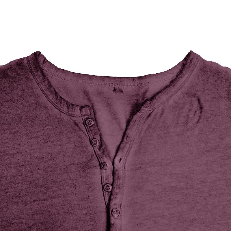 T-shirt da uomo a maniche lunghe slim fit stile retrò, con bottoni del commercio estero, lavata e invecchiata, scollo a V_voghion.com