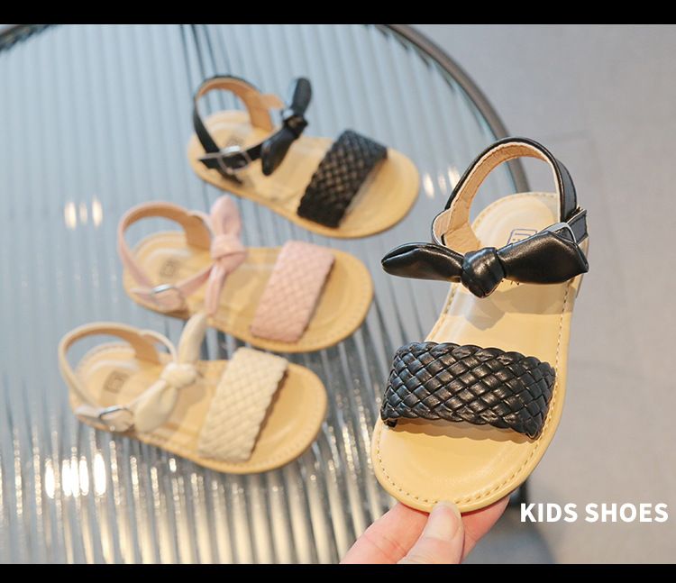 Sandali intrecciati per bambine, scarpe da principessa, primavera ed estate, nuovi sandali in sughero con suola morbida e velcro, con fiocco._voghion.com