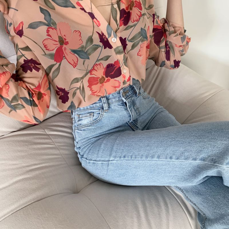 2024 spring/summer floral chiffon women's slim fit, simple and stylish long sleeved design_voghion.com