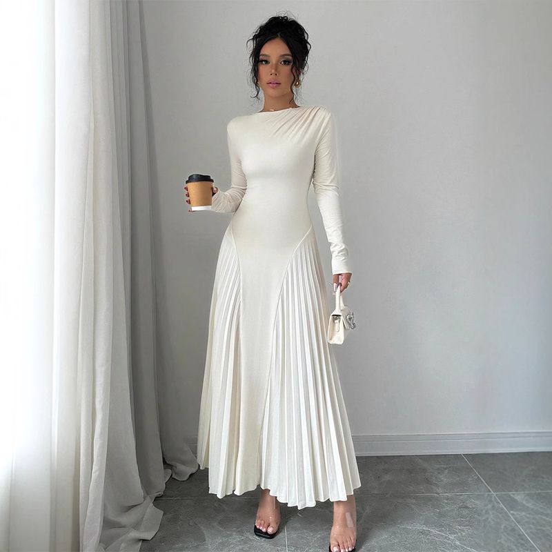 Nuovo abito plissettato a maniche lunghe lavorato a maglia, gonna lunga, elegante, sottile, versatile, alla moda_voghion.com