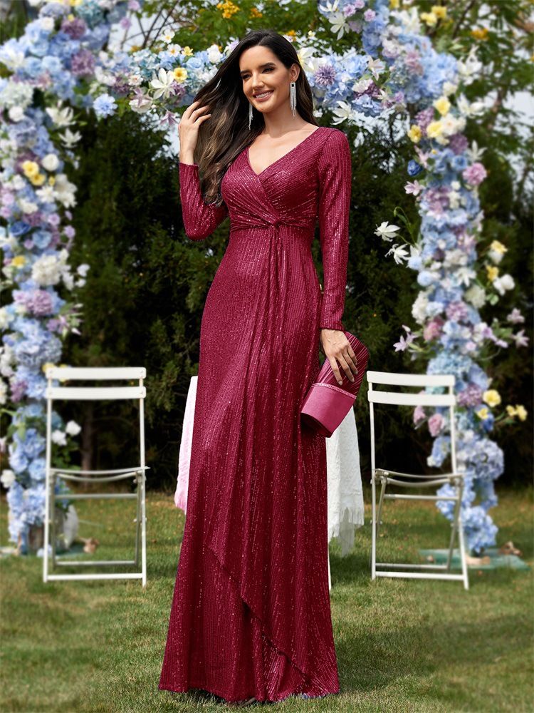 Abito da sera a sirena con scollo a V e maniche lunghe da donna_voghion.com