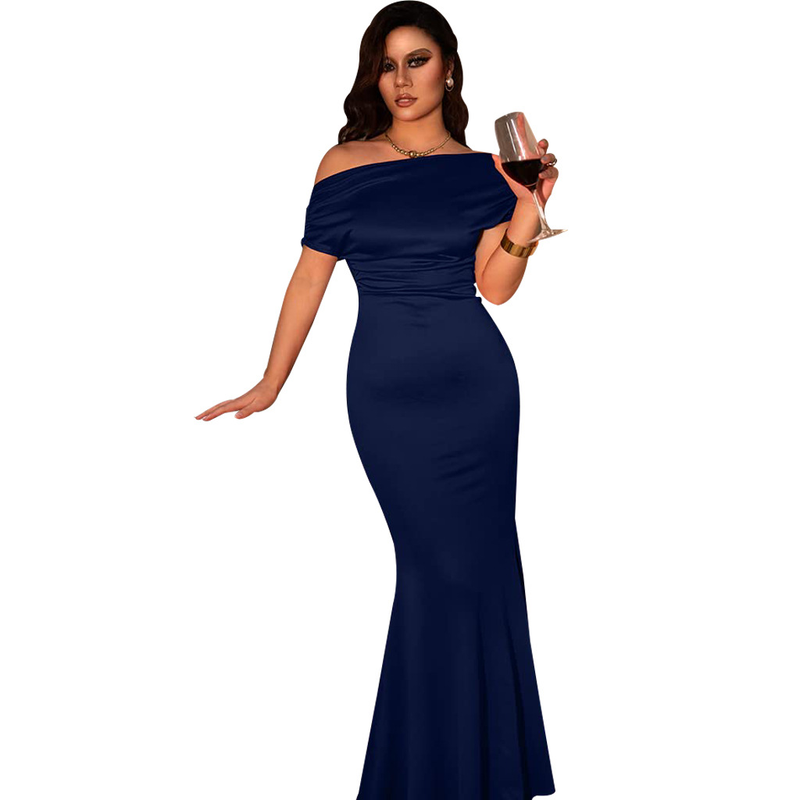 Rochie sexy pentru femei, cu mânecă scurtă, ușor șifonată, cu umeri oblici în față_voghion.com
