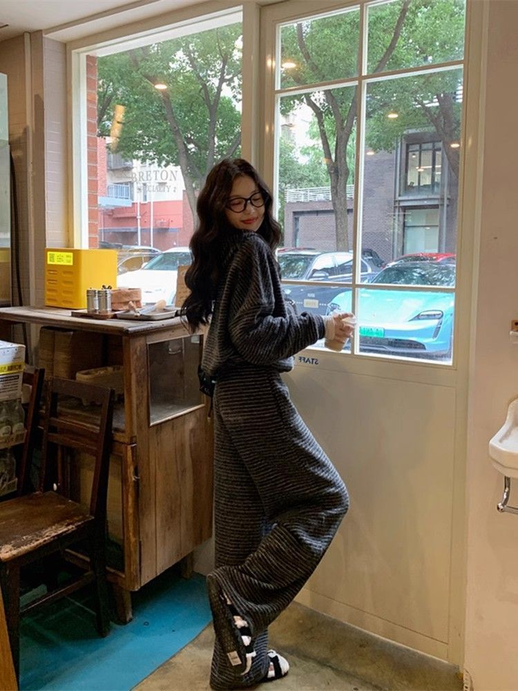 Plus Size Women's Clothing 150kg New Spring Autumn Slimming Sports Casual Sweatshirt And Wide-Leg Pants Two-Piece Set_voghion.com