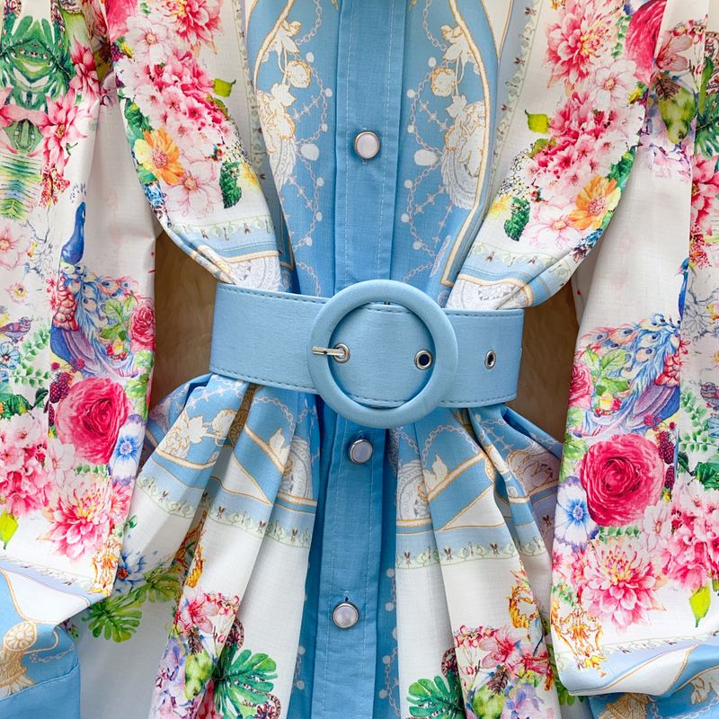 Abito camicia a trapezio con stampa a vita sottile monopetto e risvolto retrò da donna_voghion.com