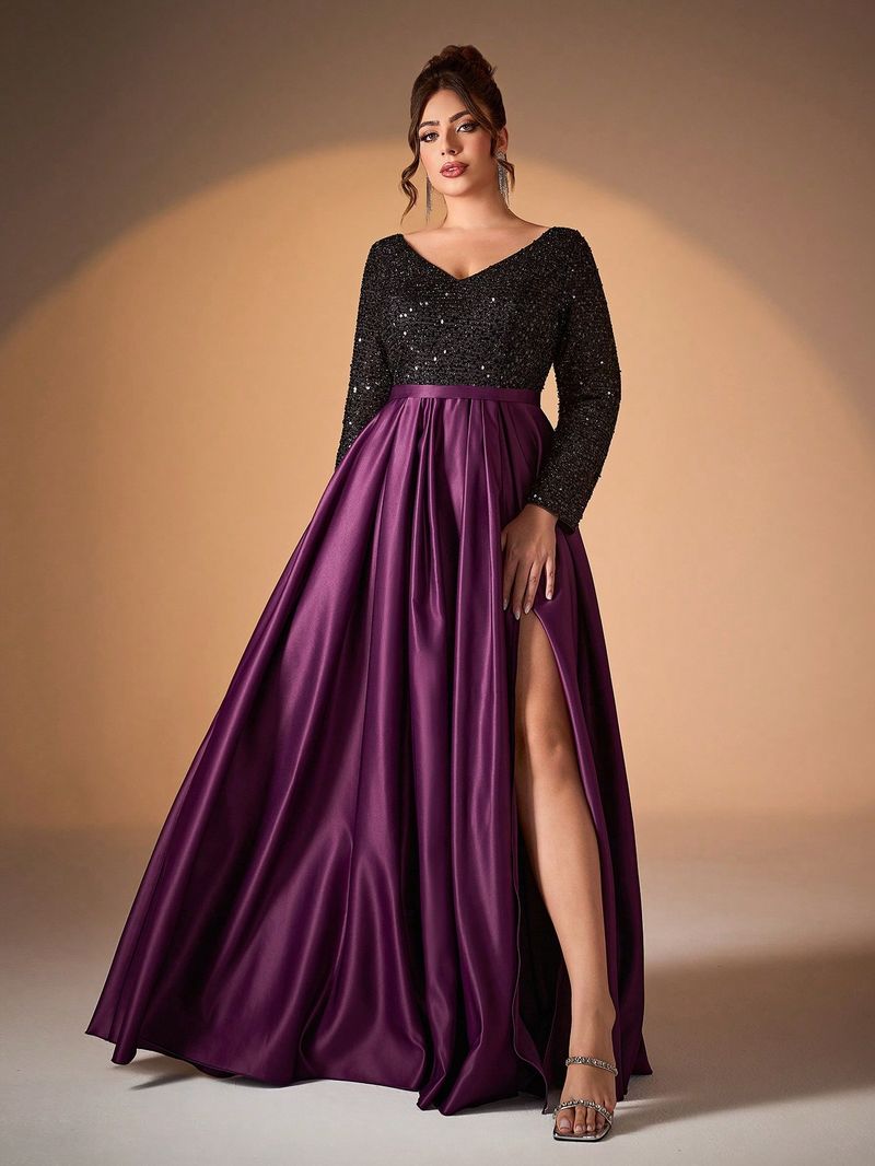 Elegante vestido de noche de satén negro con lentejuelas, escote en V y mangas largas para mujer: perfecto para fiestas, galas y ocasiones especiales._voghion.com