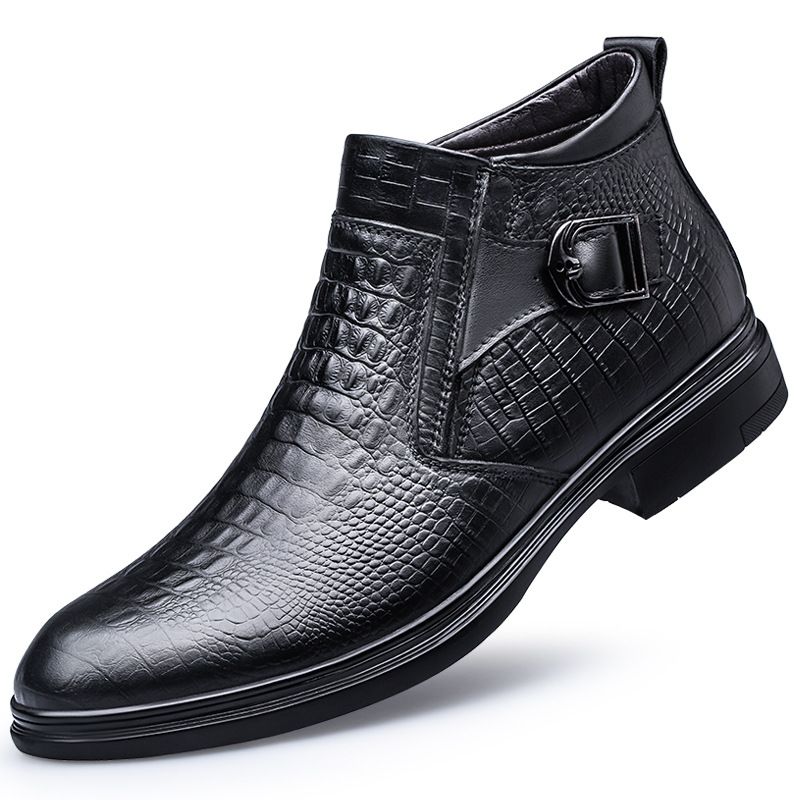 Men's Embossed Crocodile Chelsea Boots Pointed Middle Top Short Boots Wind Martin Boots Men's_voghion.com