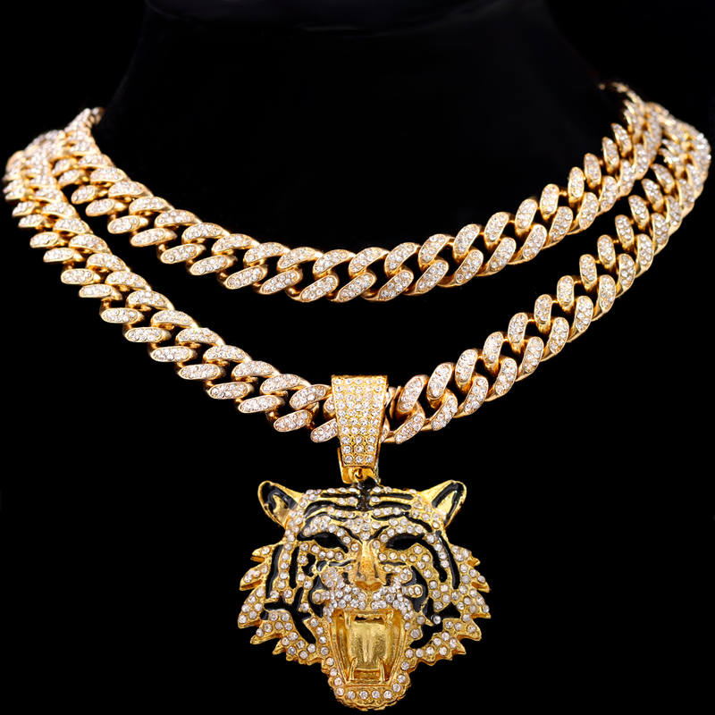 Hip Hop Iced Out Cuban Link Chains For Men Tiger Pendant Necklace Bling Crystal Cuban CZ Stainless Steel Chain Necklaces_voghion.com