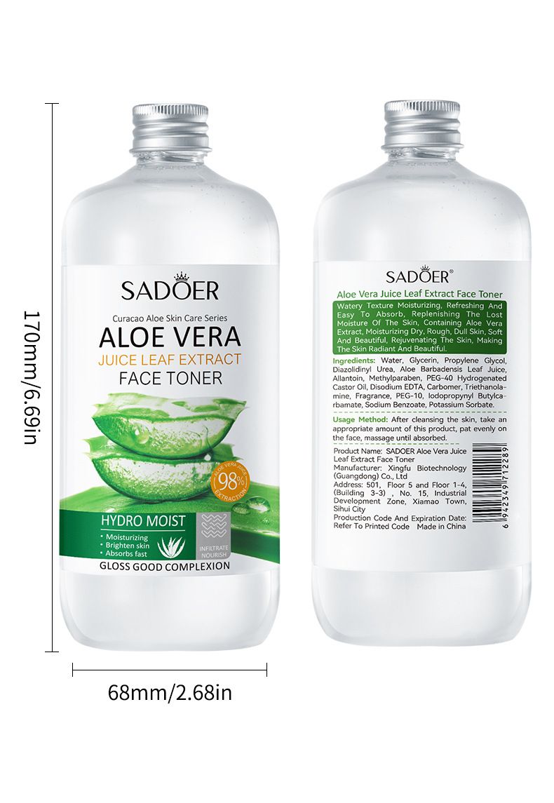 Volles englisches Aloe Vera-Gesichtswasser, 500 ml, SADOER, feuchtigkeitsspendendes Make-up-Wasser mit großer Kapazität_voghion.com