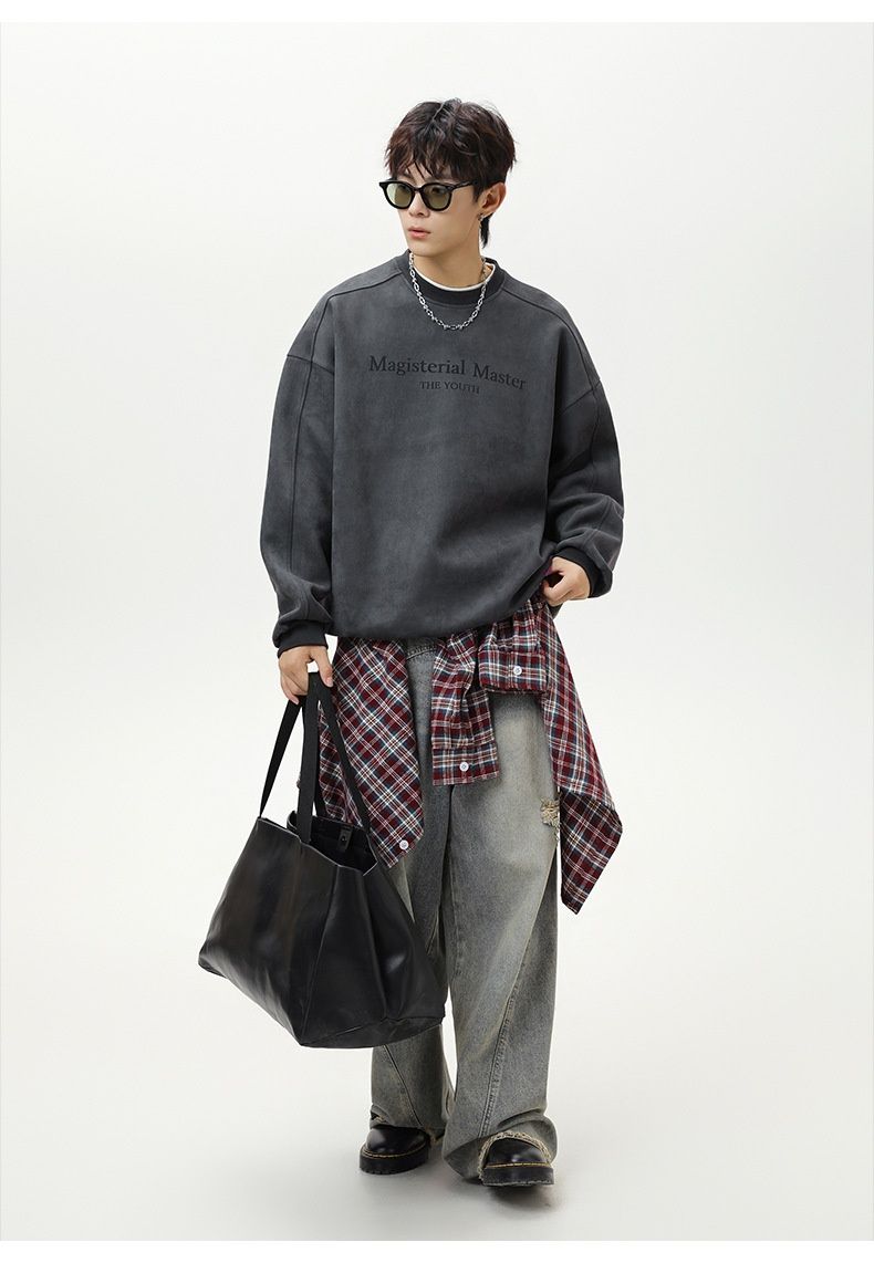 Nordmann 400g Split Stitching Vintage Crewneck Sweatshirt Men Autumn Heavyweight Pullover American Letter Print Jacket_voghion.com