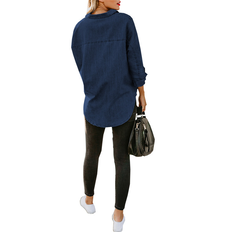 Camicia in denim da donna, camicia da cappotto casual all-match a maniche lunghe con doppia tasca ampia_voghion.com