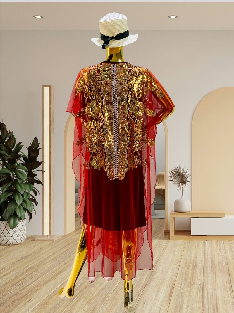 Large Size Chiffon Elegant Temperament Sequined Shawl Dress Traditional Ethnic Style Clothing_voghion.com