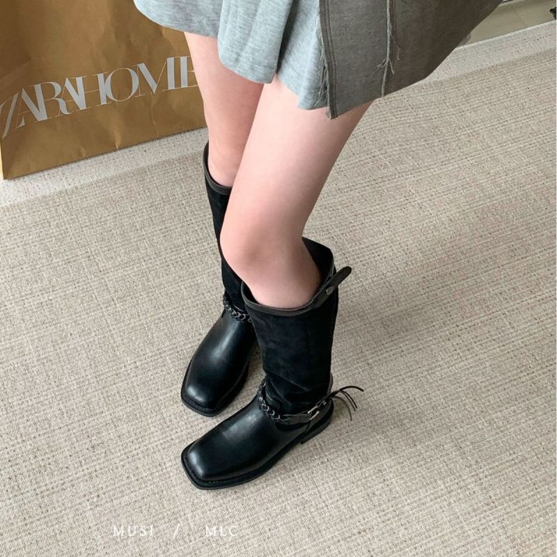 Stivali da equitazione sopra il ginocchio da donna in vera pelle con punta quadrata e tacco spesso, stile francese, autunno inverno 2025_voghion.com