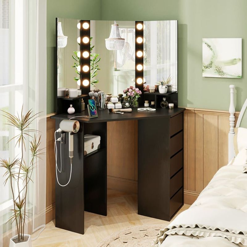 Corner Vanity Desk With 3-Color LED Lighted Mirror And Power Outlet_voghion.com