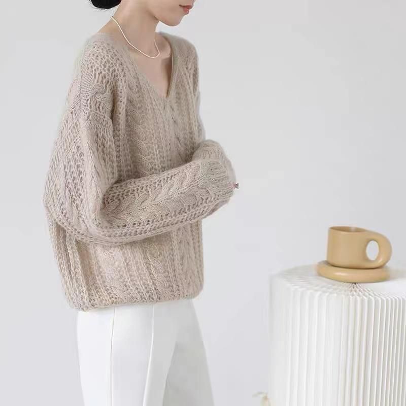 girl French Style Lazy Soft Sweater Women, Solid Color, Thin For Autumn Winter, Gentle And Elegant Collar Knitted Top_voghion.com