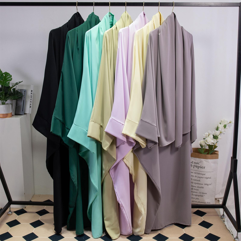 Dammekleeder Einfarweg Arabesch Kleed Fraekleed mat Kappduch Abaya Casual Loose Fliedermausärmel Robe_voghion.com