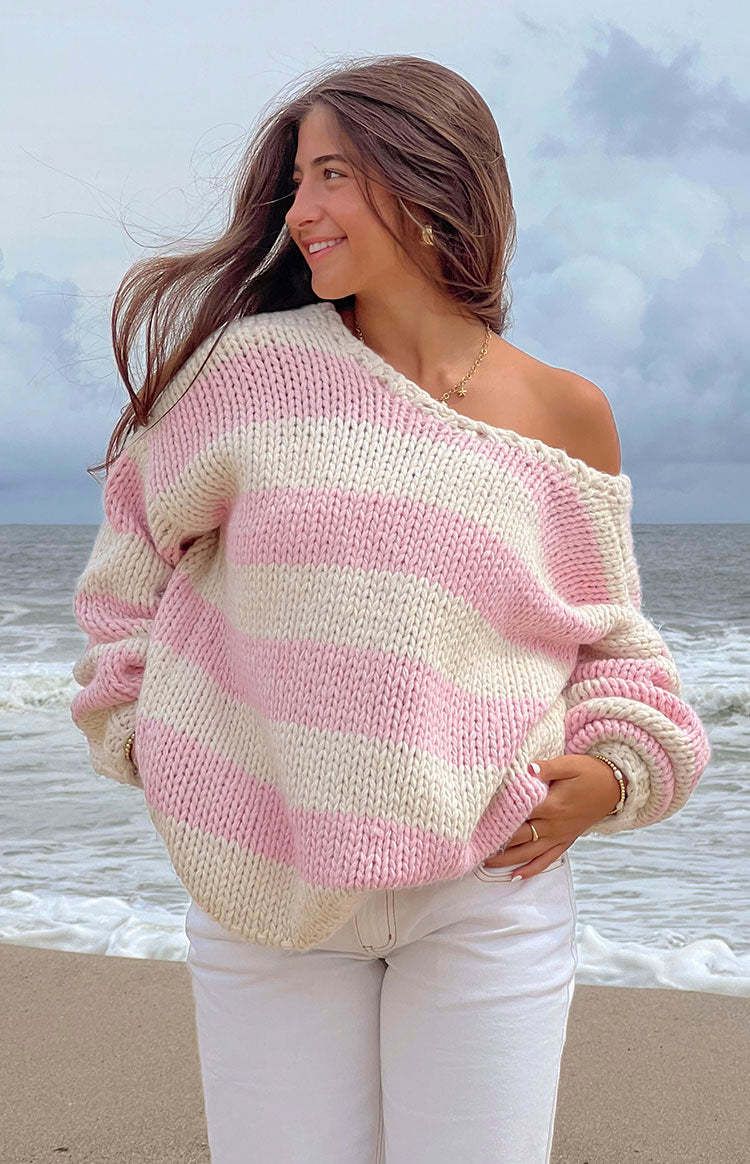 Oversized Dopamine Stripe Knit Sweater - Soft Fashion Drop Shoulder Top For Women, Sweet & Cozy Fall Winter Casual Wear_voghion.com