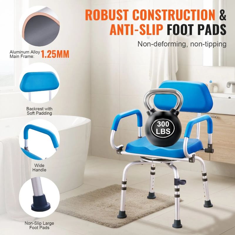 Sedia da doccia con braccioli imbottiti e sedile regolabile a 360° per doccia o vasca da bagno, sedile interno antiscivolo girevole per la rotazione_voghion.com