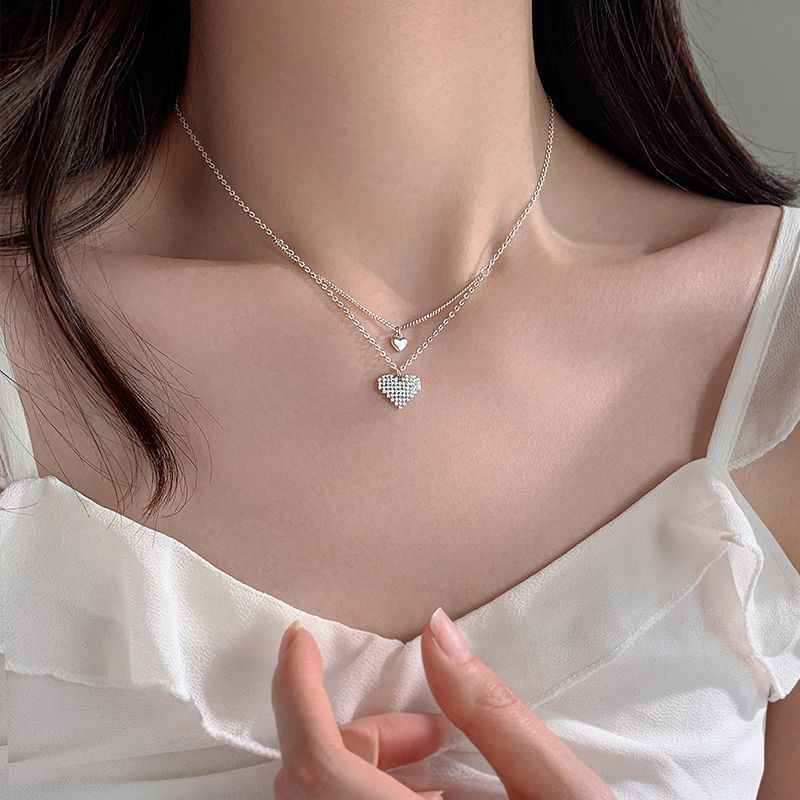 Silver Full Diamond Double Layer Heart Necklace Ins Design Sense, Niche Light Luxury Pendant, Collarbone Chain For_voghion.com