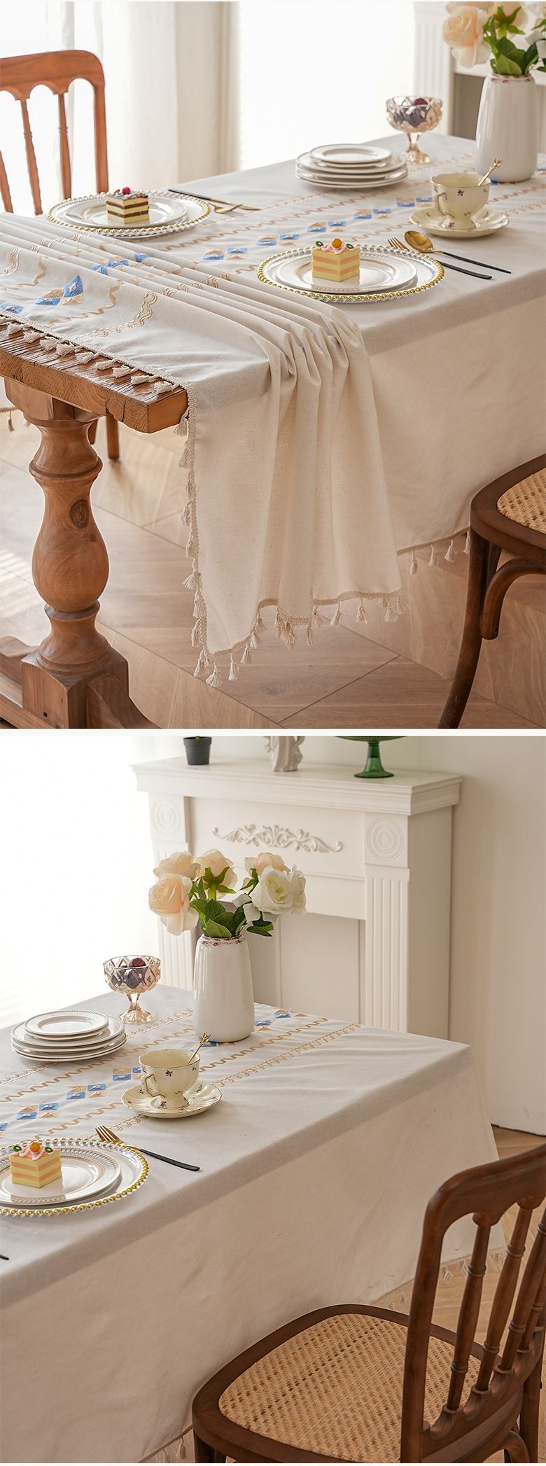 Luxury Waterproof Tablecloth - Pink Floral Embroidery On Linen, Stain & Dust Resistant For Dining Table (150x220cm, Machine Washable)_voghion.com