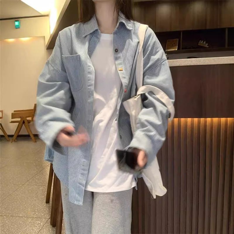 Vintage Blue And White Striped Long Sleeve Denim For Women, Fall 2024 New Design With Colorful Button Turn-down Collar_voghion.com