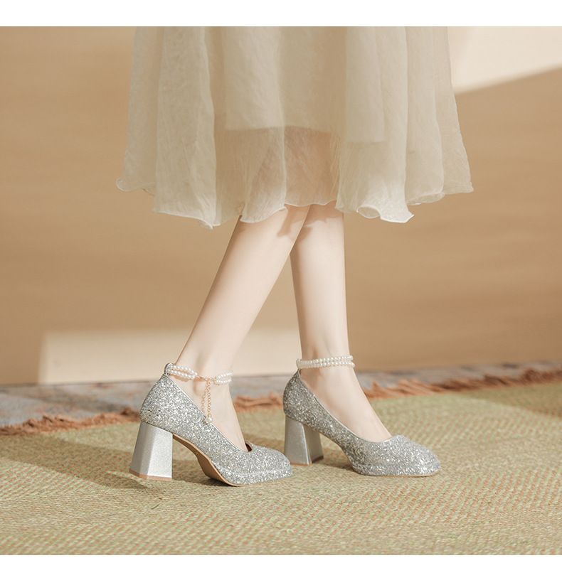 Women's Shoes Waterproof Platform High Heels Thick Heels Square Toe Single Shoes 9cm Small Heightening Sequin Pearl Chain_voghion.com
