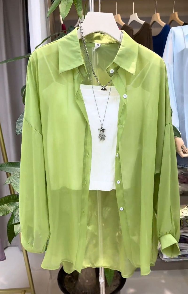 Camicia da donna in seta ghiacciata con protezione solare, sottile ed estiva, ampia, in chiffon leggermente trasparente, a maniche lunghe, con aria condizionata._voghion.com