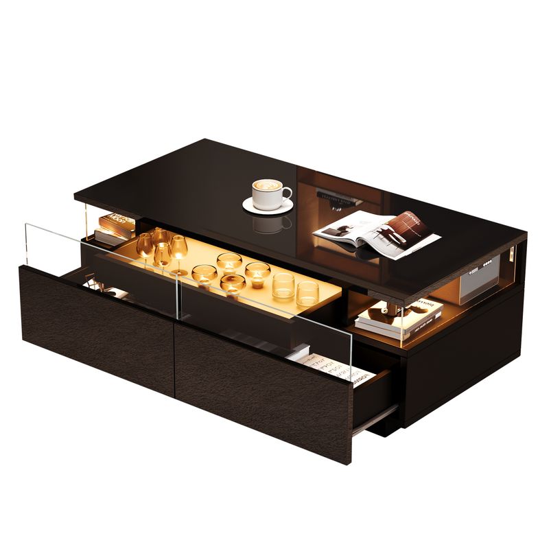 Table basse noire brillante 90 x 45 x 35,5 cm avec éclairage LED, table d'appoint en verre trempé avec 2 tiroirs et plateau pour salon_voghion.com
