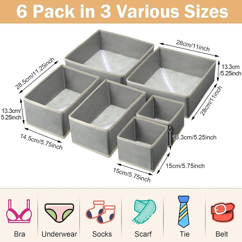 6-Piece Fabric Storage Box Set For Underwear, Socks & Small Items Foldable Closet Organizer With Multiple Sizes Breathable Non-Woven Material_voghion.com