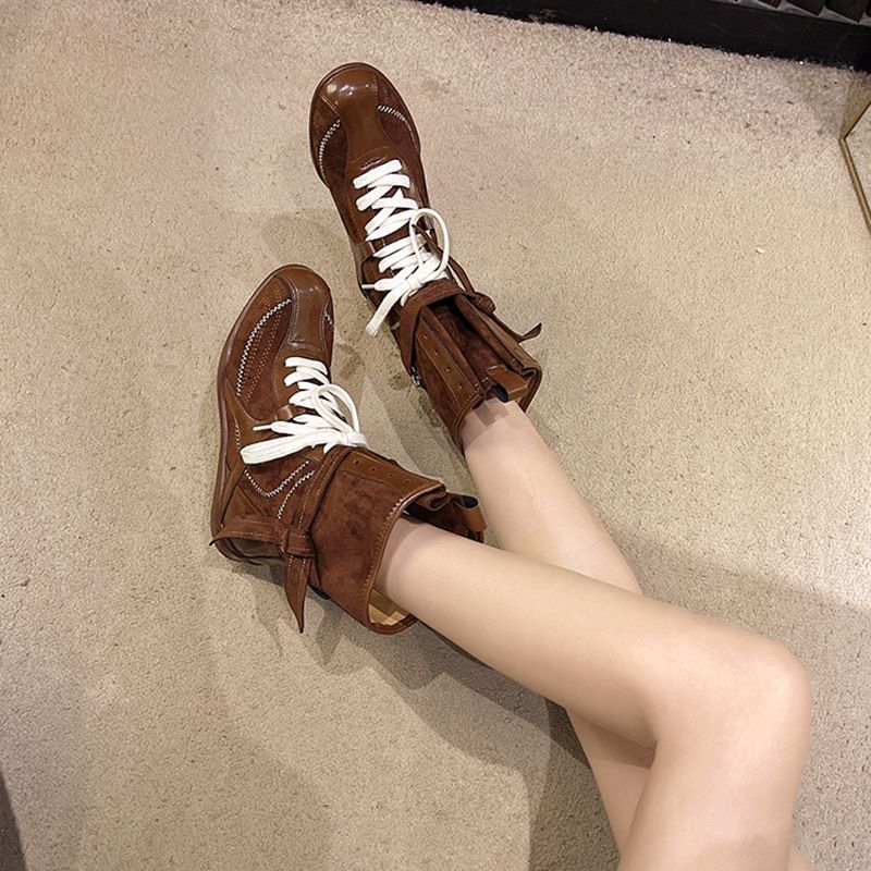 Height-Increasing Flat Boxing Women, Western Cowboy Boots, 2025 Spring And Autumn New Style, Suede Lace-Up Martin Boots_voghion.com
