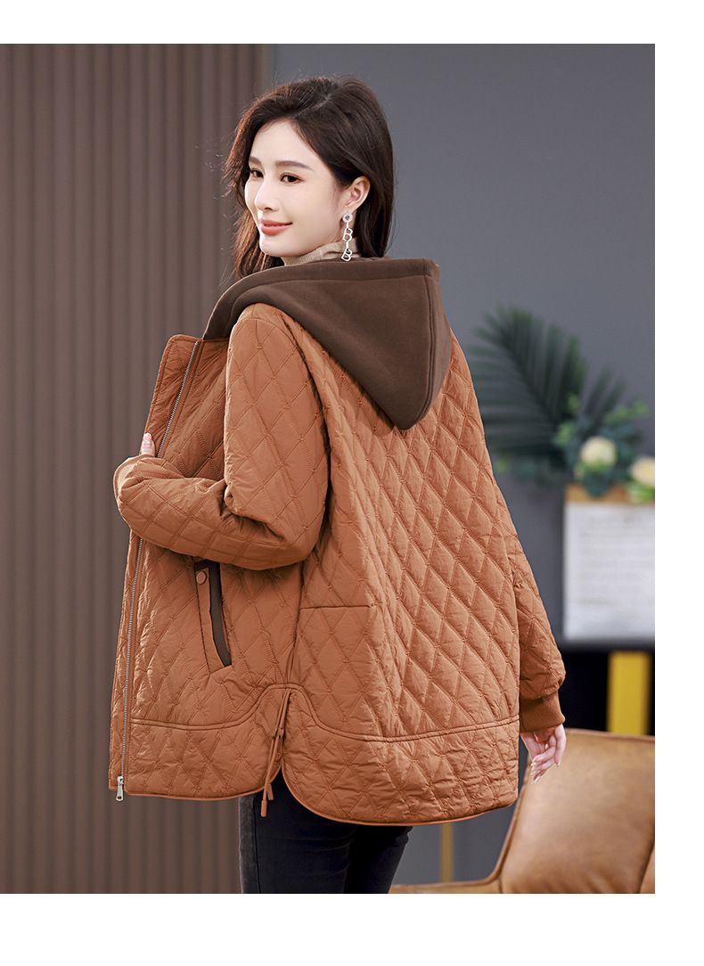 Damen Steppjacke neuer Stil mittellang modischer West-Stil Raute lässig dünner Baumwollmantel_voghion.com