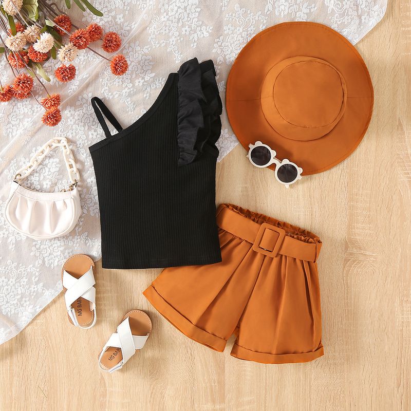 New Summer Girls' Set, Small Medium Children's Diagonal Shoulder Suspender with Flying Sleeves Top+Shorts and Hat Three_voghion.com