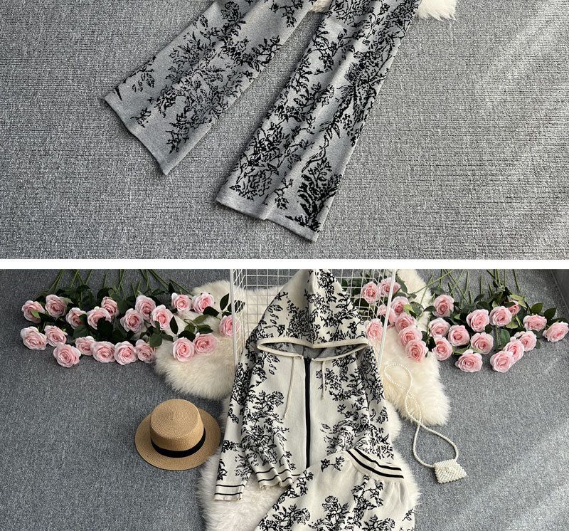 Sweat-shirt tricoté à capuche et fermeture éclair en jacquard pour femmes, ensemble deux pièces, taille haute, pantalon à jambes larges_voghion.com